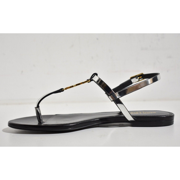 Saint Laurent YSL Logo Cassandra Iota 05 Silver Black Thong Slide Flat Sandal 38 - Picture 9 of 12
